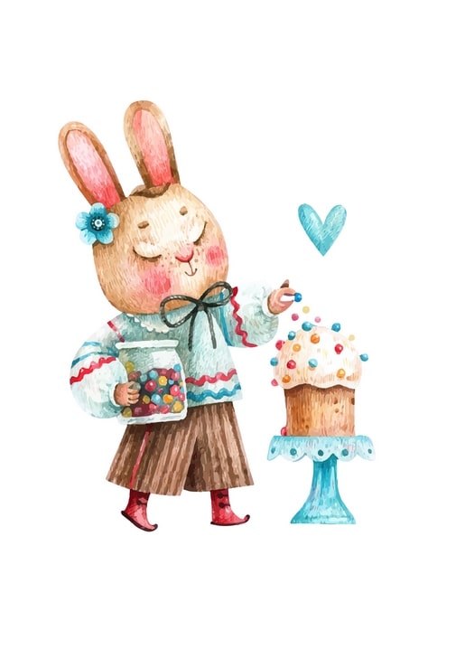 Watercolor bunny in folk costume sprinkling candy on an Easter cake beside a jar of sweets and a blue heart
