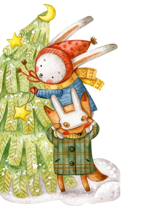 Hase mit roter Mütze schmückt den Weihnachtsbaum, während ein Fuchs im karierten Mantel ihn umarmt