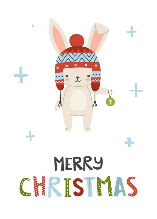 Hase in roter Strickmütze hält grünes Ornament, Schriftzug „Merry Christmas“ auf weißem Hintergrund.