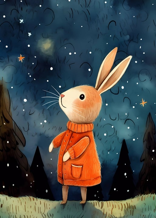 Illustrierter Hase im orangen Mantel unter Sternenhimmel zwischen Tannen