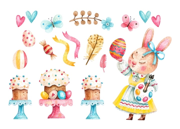 Watercolor bunny artist painting an Easter egg beside paska cakes, ribbons and butterflies