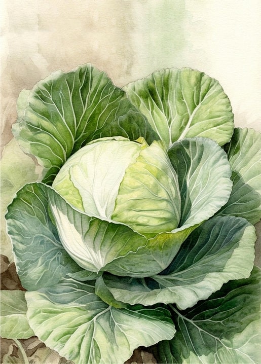 Watercolor painting of a full cabbage head surrounded by broad blue-green leaves