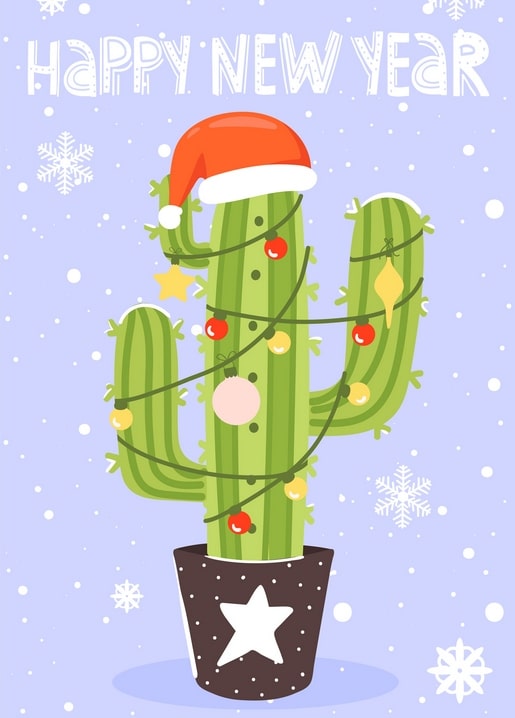 Illustration eines Topfkaktus mit Weihnachtsmütze und Christbaumkugeln