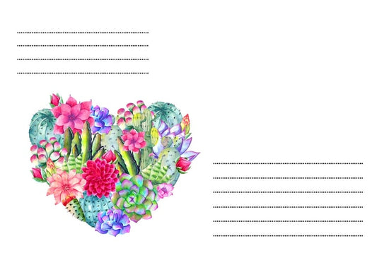 Aquarellherz aus Kakteen, Sukkulenten und rosa Blüten auf weißem Briefumschlag