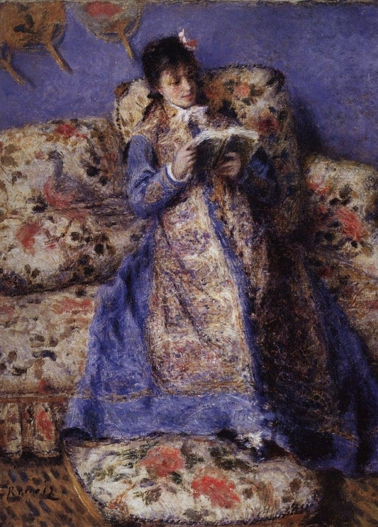 Renoir's 1872 painting of Camille Monet reading a book on a floral sofa
