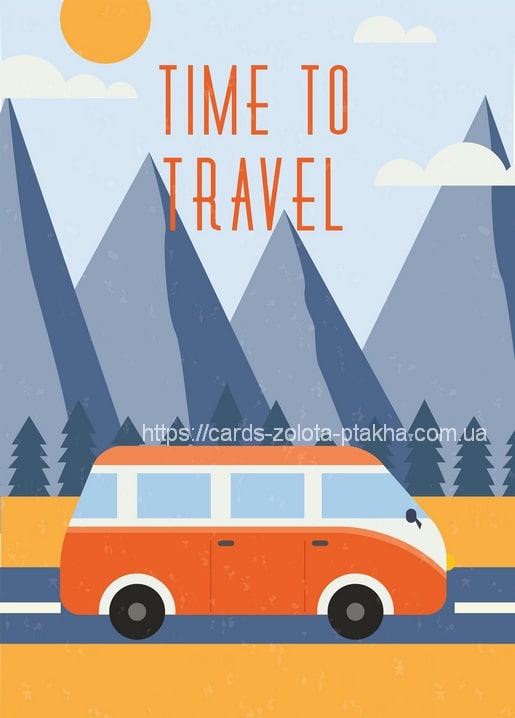 Retroposter mit orangefarbenem Campingbus, Kiefern, Bergen und Schriftzug „Time to Travel“