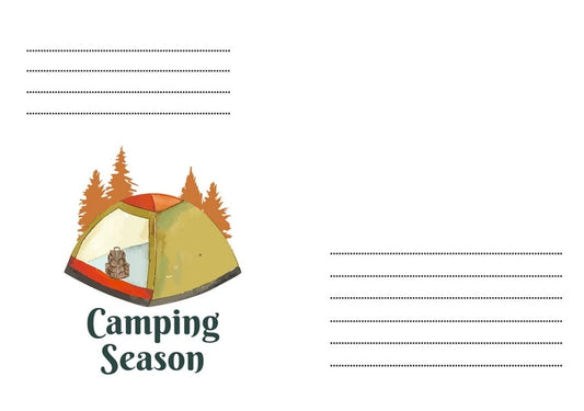 Ілюстрований конверт із наметом, соснами та рюкзаком і написом Camping Season