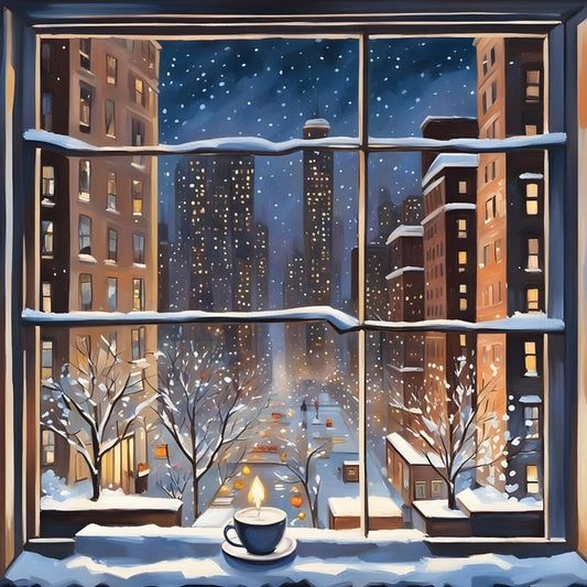 Lit candle on a snowy windowsill overlooking a city skyline at night