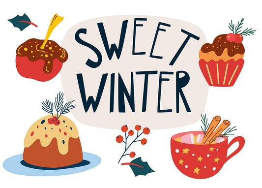 Illustration of a candy apple, berry cupcake, pudding cake and spiced drink with holly under a Sweet Winter sign
