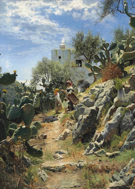 Frau und Kind gehen einen kaktusgesäumten Pfad auf Capri zu einem weißen Turm, Gemälde von Peder Mønsted