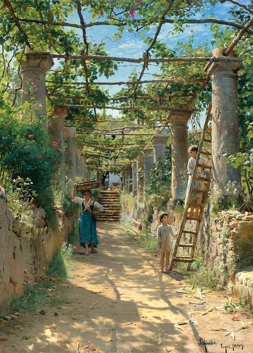 Gemälde von Peder Mønsted: sonnige Weinlaube auf Capri mit Frau und Junge