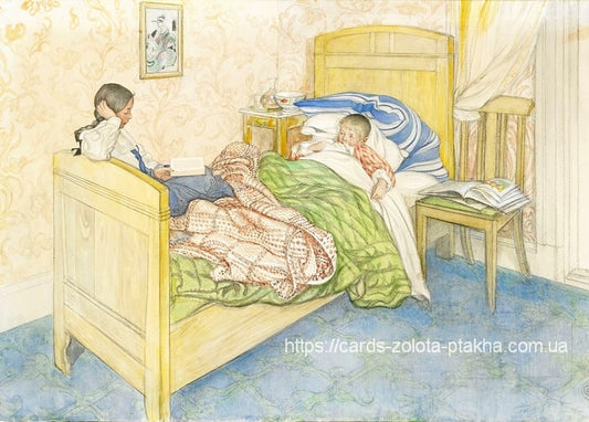 Двоє дітей у жовтому ліжку: одна читає книжку, інша вкутана в смугасту ковдру