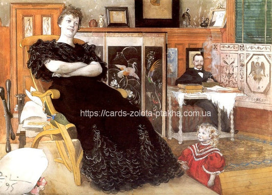 Родинний інтер'єр Карла Ларссона 1895: жінка в чорному, чоловік за японською ширмою, дитина в червоному