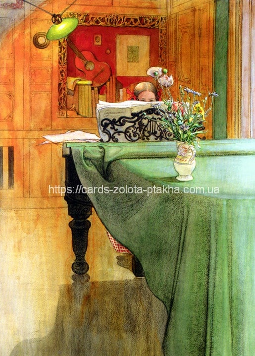 Акварель Карла Ларсона: дитина за піаніно, гітара на стіні та польові квіти у вазі