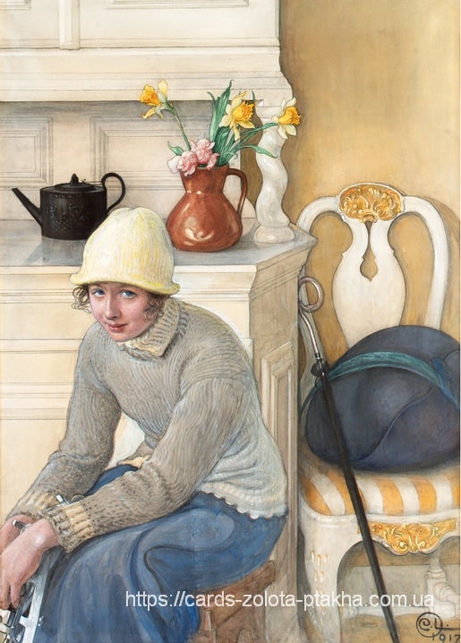 Акварель Карла Ларссона 1917 року: жінка в жовтому капелюшку біля чорного чайника й нарцисів