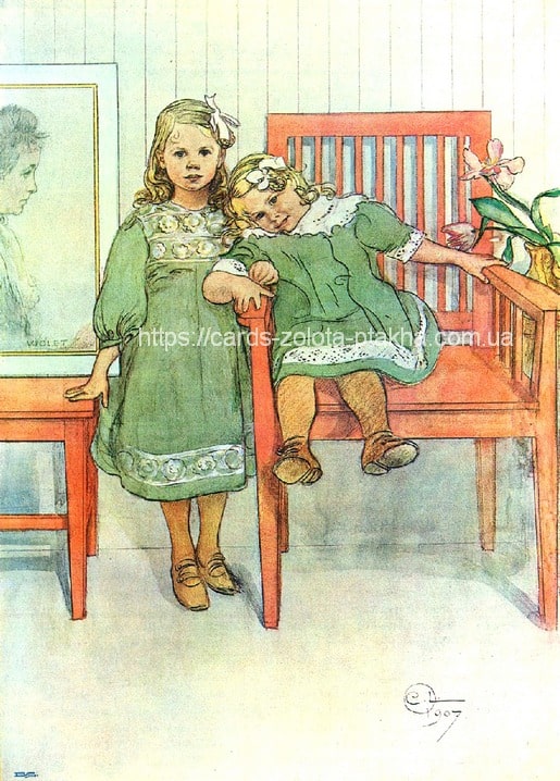 Акварель Карла Ларссона: дві сестри в зелених сукнях на червоній лаві, 1907