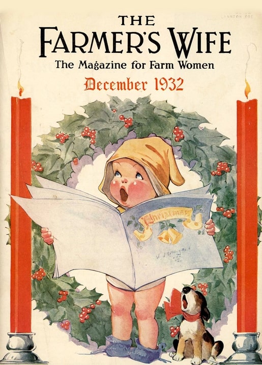 Обкладинка «The Farmer's Wife», грудень 1932: дитина співає колядку біля вінка з гостролиста з собакою поруч