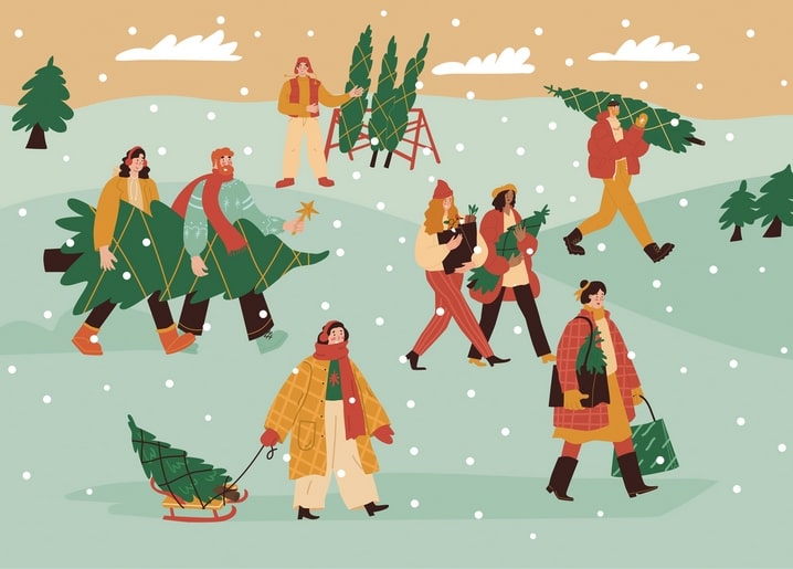 Crowd of people carrying Christmas trees home through the snow