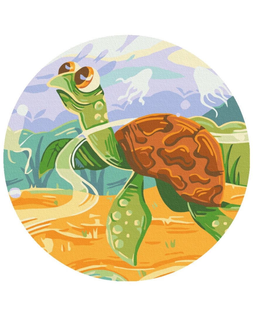 Wide-eyed cartoon sea turtle swimming over a sandy seabed, round paint-by-numbers canvas