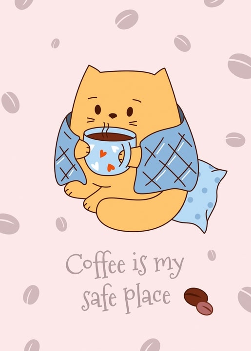 Ginger cat wrapped in a blue blanket sipping coffee from a heart-print mug