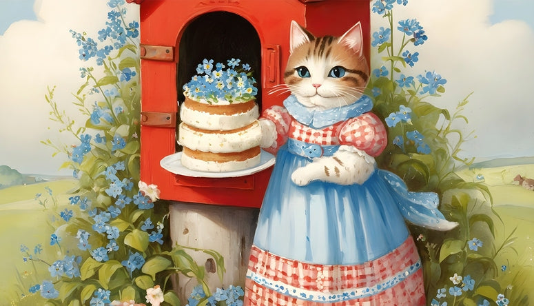 Illustrated cat in a gingham dress delivering a layered cake to a red countryside mailbox