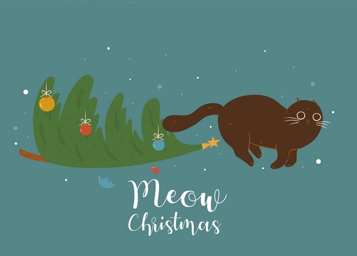 Illustration einer braunen Katze, die einen geschmückten Weihnachtsbaum am Schwanz zieht