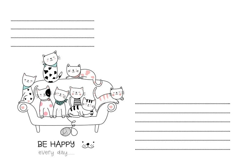 Briefumschlag mit mehreren Katzen, die kuschelnd auf einem Sofa mit einem Wollknäuel liegen, Schriftzug „Be Happy“.