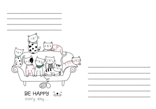 Briefumschlag mit mehreren Katzen, die kuschelnd auf einem Sofa mit einem Wollknäuel liegen, Schriftzug „Be Happy“.