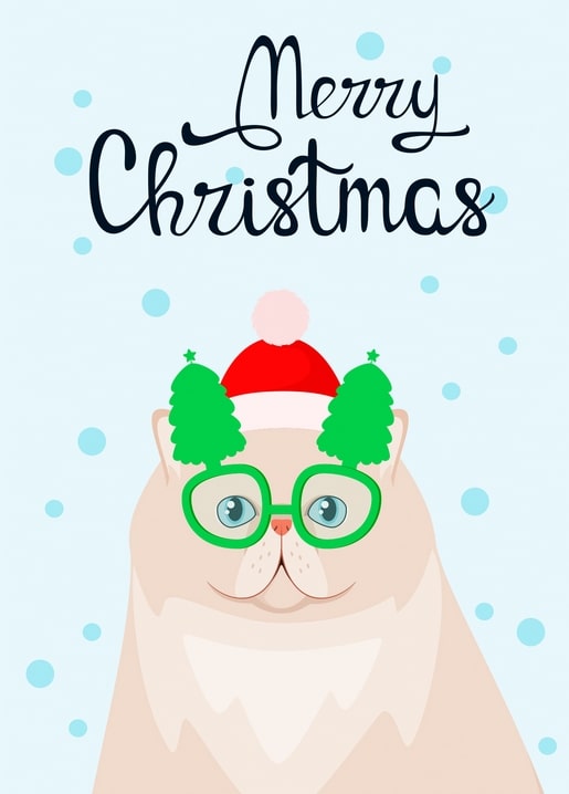 Illustrierte cremefarbene Katze mit grüner Brille und Weihnachtsmütze mit kleinen Tannenbäumen