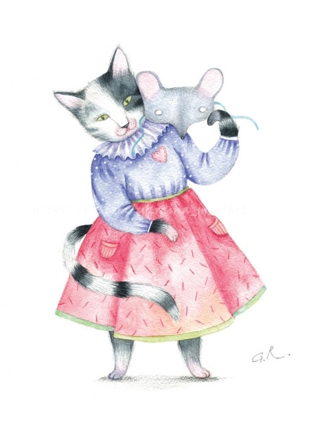 Aquarellillustration einer Katze im rosa Rock, die eine angezogene Maus umarmt, von Galina Rogova