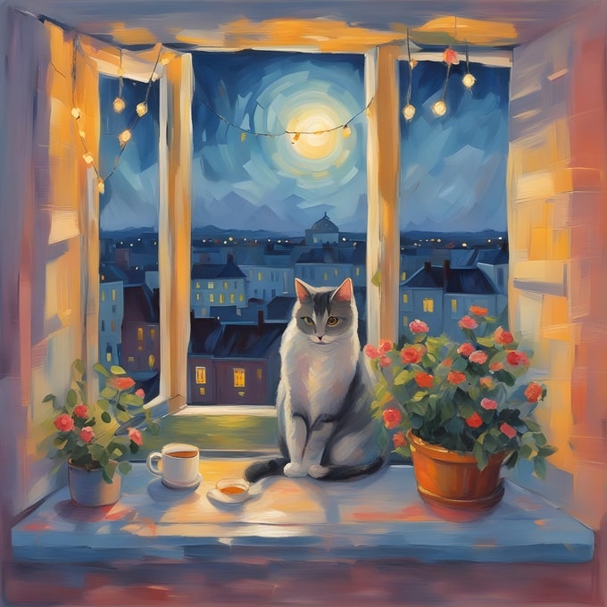 Illustrated postcard of a gray-and-white cat on a flower-lined windowsill under a rising moon