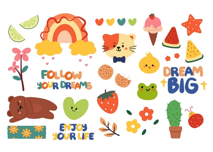 Pastell-Collage mit Katze, Regenbogen, Eis und dem Spruch „Folge deinen Träumen“