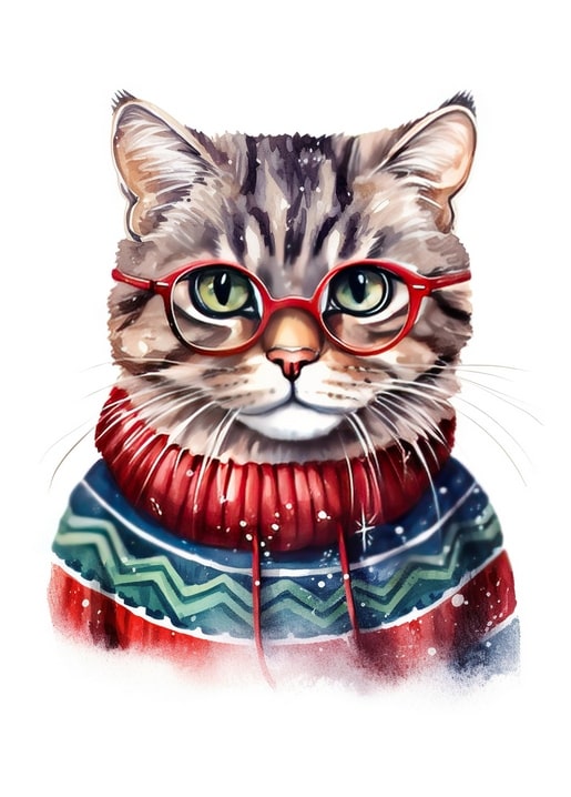 Getigerte Katze mit roter Brille im rot-türkisen Weihnachtspullover mit Schneeflocken