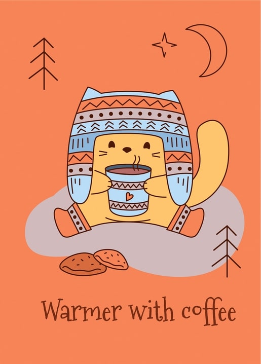 Ginger cat in a patterned winter hat and mittens holding coffee under moon and stars