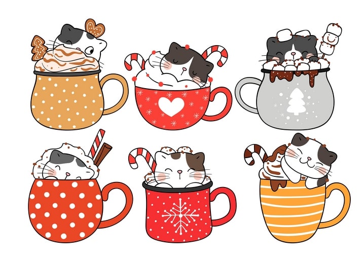 Six cartoon cats peeking from Christmas mugs topped with whipped cream, marshmallows and candy canes