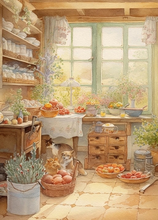 Watercolor kitchen scene with two cats near baskets of peaches on a tiled floor