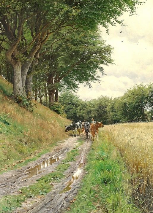 Gemälde eines Hirten, der Vieh über einen Buchenweg an einem Weizenfeld vorbeitreibt