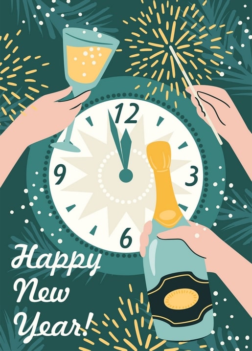 Hands holding champagne and a sparkler around a midnight clock, postcard reading 'Happy New Year!'