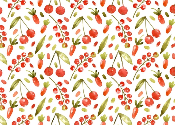 Seamless watercolor pattern of cherries, red berries and small carrots on white