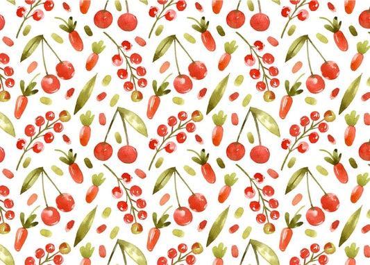 Seamless watercolor pattern of cherries, red berries and small carrots on white