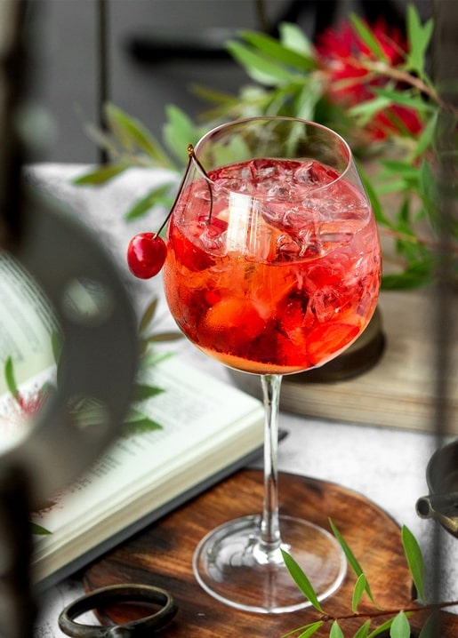 Roter Spritz-Cocktail mit Kirsche neben aufgeschlagenem Buch und Grün