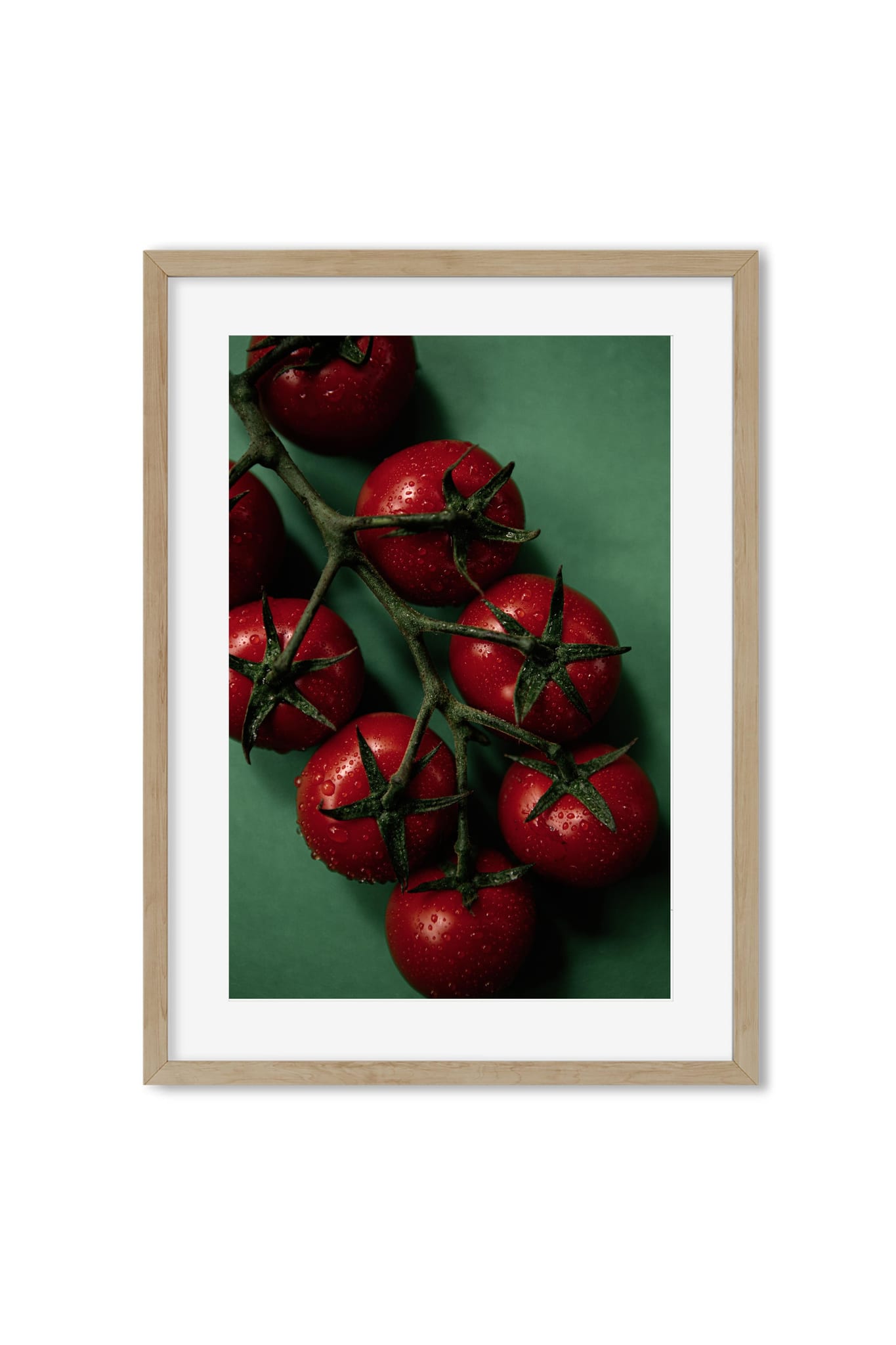 Ripe cherry tomatoes on the vine with dew drops against a green background, poster