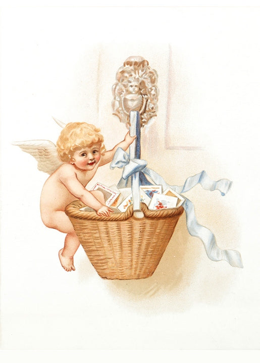 Winged cherub sitting on a wicker basket, placing valentine cards inside under a blue ribbon