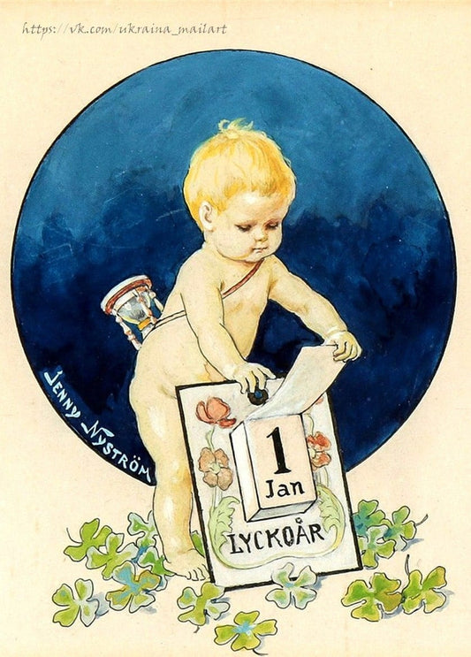 Jenny-Nyström-Illustration: Putte mit Neujahrskalender „LYCKOÅR“ und Kleeblättern