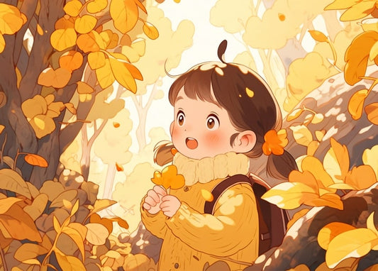 Illustration eines fröhlichen Kindes, das ein Herbstblatt im goldenen Wald fängt