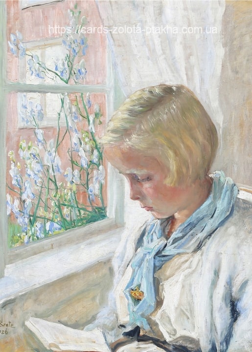 Gemälde von Fanny Brate: blondes Kind liest ein Buch am sonnigen Fenster mit Gartenblumen