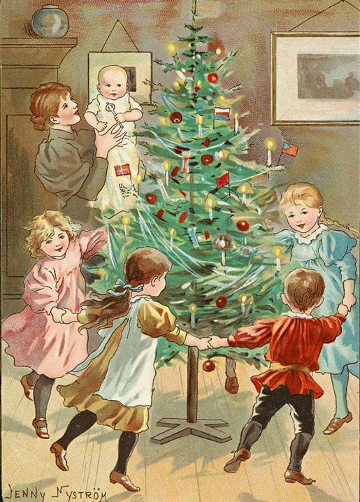 Jenny Nyström: fünf Kinder tanzen um einen kerzengeschmückten Weihnachtsbaum