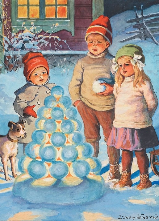 Drei Kinder und ein Hund stehen bei Nacht um eine leuchtende Eislaternen-Pyramide im Schnee.