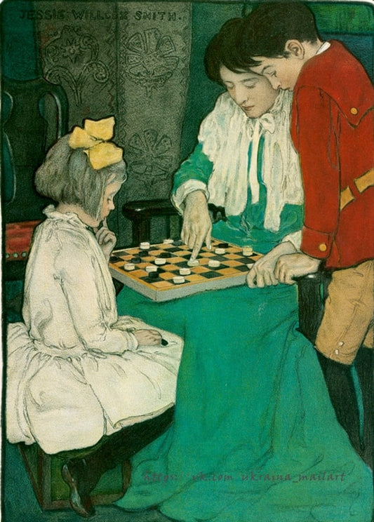 Jessie Willcox Smith illustration of a mother teaching two children to play checkers by the fireside