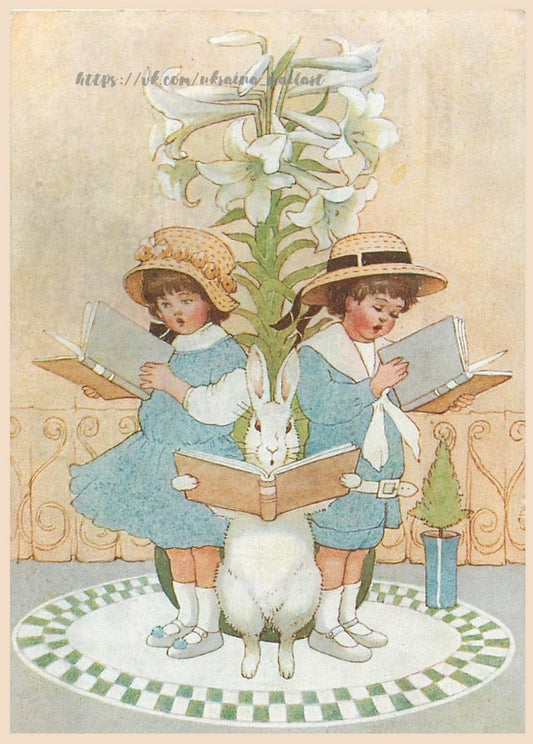 Zwei Kinder in Blau singen neben einem Hasen mit Buch, Osterlilien darüber, Vintage-Postkarte
